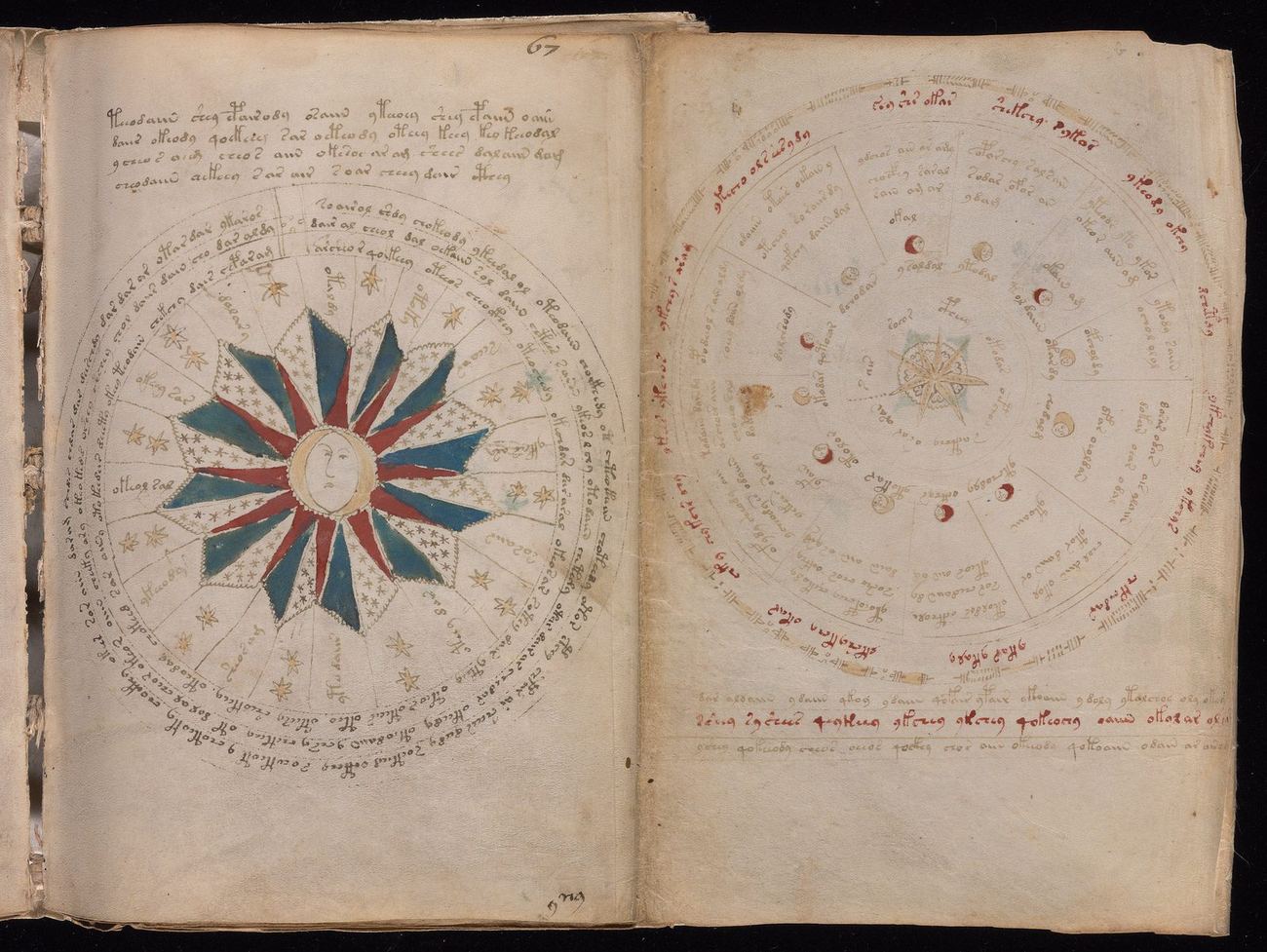 Folios 67r and 67v: sun-moon face with twelve sectors of stars and a circle of moon phases