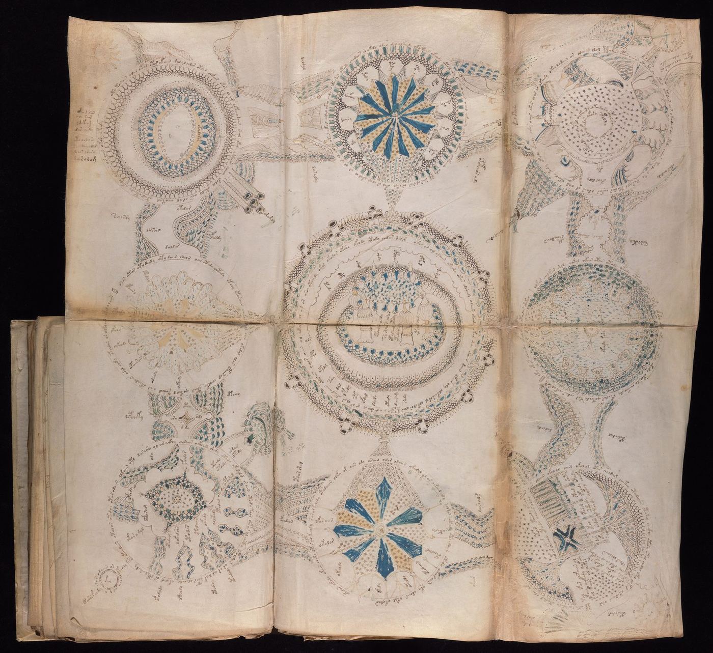 The nine-rosette foldout: nine circular structures connected by causeways, with a castle and suns in the corners